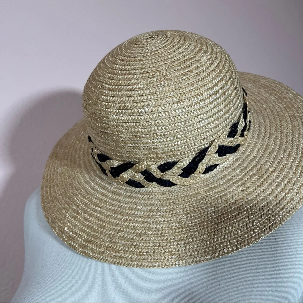 Vintage 90 Y2K Natural Straw Flat Wide brim Sunhat Coastal Grandma - Picture 9 of 14